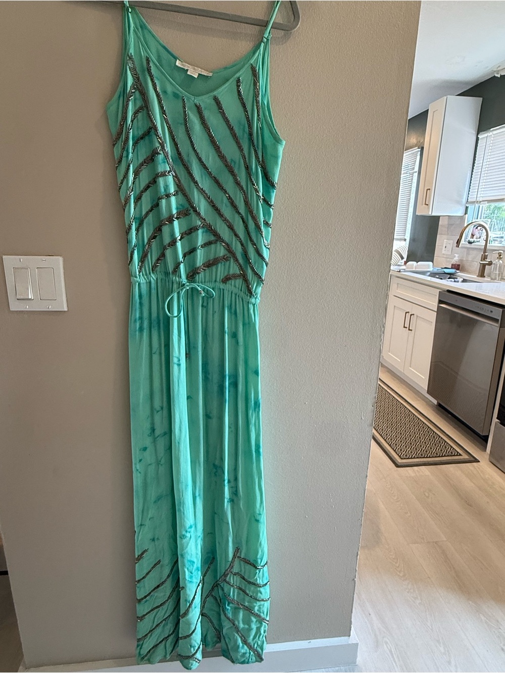 Boston Proper Teal Beaded Maxi Dress perfect for casual to beach wedding guest